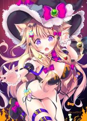 Rule 34 | 1girl, :o, animal ears, arm cuffs, bad id, bad twitter id, bikini, black bikini, black bow, black footwear, black hat, blonde hair, blush, boots, bow, breasts, candy hair ornament, cat ears, cat girl, cat tail, commentary, curled fingers, english commentary, fang, food-themed hair ornament, foreshortening, gradient background, hair bow, hair ornament, halloween, hand up, hat, hat bow, heart, heart hair ornament, ko yu, long hair, looking at viewer, medium breasts, mixed-language commentary, nail polish, open hand, open mouth, orange nails, original, outstretched arm, pink bow, purple background, purple eyes, side-tie bikini bottom, skin fang, solo, standing, standing on one leg, star (symbol), star hair ornament, sweatdrop, swimsuit, tail, tail bow, tail ornament, thigh strap, twitter username, untied bikini, witch hat
