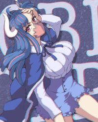 Rule 34 | 1girl, azukilib, blue hair, blunt bangs, breasts, cape, dress, hand on own forehead, hat, horns, large breasts, long hair, long sleeves, mask, miniskirt, mouth mask, multicolored hair, one piece, pink hair, skirt, two-tone hair, ulti (one piece)
