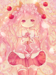Rule 34 | 1girl, bare shoulders, bouquet, cherry, cherry blossoms, cherry hair ornament, chibi, coco (hinatacoco), commentary, cowboy shot, detached sleeves, floral print, flower, food, food-themed hair ornament, frilled skirt, frills, fruit, hair flower, hair ornament, hatsune miku, highres, holding, holding bouquet, leaf hair ornament, long hair, looking at viewer, necktie, petals, pink eyes, pink hair, pink skirt, pink sleeves, pink theme, sakura miku, shirt, skirt, sleeveless, sleeveless shirt, solo, symbol-only commentary, thighhighs, twintails, very long hair, vocaloid, zettai ryouiki