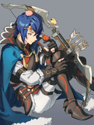 Rule 34 | 1boy, alcryst (fire emblem), animal, arrow (projectile), bird, blue cape, blue hair, bow (weapon), brown gloves, cape, circlet, closed mouth, fire emblem, fire emblem engage, fur trim, gloves, hahahashagi, high collar, highres, holding, holding bow (weapon), holding weapon, long sleeves, male focus, nintendo, on ground, red eyes, shoes, short hair, sitting, solo, weapon