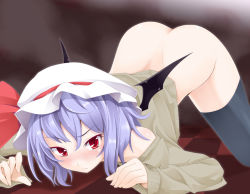Rule 34 | 1girl, bad id, bad pixiv id, blue hair, blush, bottomless, female focus, hat, ogami kazuki, red eyes, remilia scarlet, solo, thighhighs, top-down bottom-up, touhou, wings
