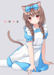 Rule 34 | 1girl, animal ears, anz32, apron, blue bow, blue dress, bow, braid, cat ears, cat girl, cat tail, closed mouth, club (shape), collared dress, commentary request, diamond (shape), dress, feet out of frame, frilled apron, frills, grey background, hair between eyes, hair bow, heart, long hair, looking at viewer, low twintails, nina (anz32), original, pantyhose, puffy short sleeves, puffy sleeves, red eyes, short sleeves, smile, solo, spade (shape), tail, twin braids, twintails, white apron, white pantyhose