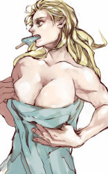 Rule 34 | 1girl, aki shigeru, bad id, bad pixiv id, blonde hair, breasts, cleavage, collarbone, dorohedoro, food, highres, large breasts, looking away, mouth hold, muscular, muscular female, noi (dorohedoro), platinum blonde hair, popsicle, solo, towel