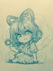 Rule 34 | 1girl, :d, chibi, coin, commentary request, efukei, flower, full body, hair between eyes, hair ornament, hair rings, hairpin, highres, kaku seiga, looking at viewer, monochrome, open mouth, shawl, shoes, short sleeves, sitting, sleeveless, smile, solo, touhou, traditional media