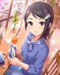Rule 34 | 00s, 10s, asymmetrical hair, blue eyes, blue hair, blue shirt, blue skirt, chair, cherry blossoms, day, desk, drink, drinking straw, floral print, flower, game console, hair ornament, hairclip, handheld game console, holding, idolmaster, idolmaster cinderella girls, idolmaster dearly stars, indoors, jewelry, charm (object), mizutani eri, necklace, official art, plant, playstation vita, potted plant, shirt, short hair, sitting, skirt, solo, sparkle