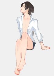 Rule 34 | 10s, 1boy, androgynous, bare legs, barefoot, brown hair, collarbone, collared shirt, earrings, half-closed eyes, hiki yuichi, jewelry, kashuu kiyomitsu, long hair, looking at viewer, male focus, mole, mole under mouth, nail polish, open clothes, personification, ponytail, profile, red eyes, red nails, shirt, short shorts, shorts, simple background, sitting, solo, toenail polish, toenails, touken ranbu