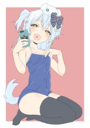 Rule 34 | 1boy, :d, absurdres, bad id, bad twitter id, bare arms, bare shoulders, black thighhighs, blue bow, blue hair, blush, border, bow, bulge, cellphone, copyright request, crossdressing, dog hair ornament, dog tail, donguri suzume, erection, erection under clothes, fang, from side, full body, green bow, grey bow, hair bow, hair ornament, heart, heart in mouth, highres, holding, holding phone, inuyama tamaki, looking at viewer, male focus, multiple bows, noripro, one-piece swimsuit, open mouth, orange bow, orange eyes, phone, red background, red bow, seiza, simple background, sitting, smartphone, smile, solo, striped, striped bow, swimsuit, tail, thighhighs, trap, two side up, virtual youtuber, white border