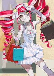 Rule 34 | 1girl, bag, breasts, character hair ornament, colored skin, dress, drill hair, grey skin, grin, hair ornament, hairband, heterochromia, highres, hololive, hololive indonesia, jewelry, kureiji ollie, kureiji ollie (mafia princess), long hair, multicolored hair, necklace, ootsuka you, patchwork skin, pearl necklace, red eyes, red hair, shopping bag, small breasts, smile, solo, stitched leg, stitches, twin drills, twintails, two-tone hair, udin (kureiji ollie), v over eye, very long hair, virtual youtuber, white dress, white hair, white hairband, yellow eyes