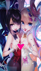 Rule 34 | 2girls, absurdres, ame-chan (needy girl overdose), animal ears, black hair, black pantyhose, blue eyes, bow, bowtie, breast press, breasts, chouzetsusaikawa tenshi-chan, detached collar, drugs, dual persona, fake animal ears, hair ornament, heart, heart hands, highres, leotard, long hair, looking at viewer, m0 chi, multicolored hair, multiple girls, needy girl overdose, open mouth, pantyhose, pien cat (needy girl overdose), pill, playboy bunny, purple eyes, quad tails, rabbit ears, red leotard, small breasts, smile, symmetrical docking, tongue, tongue out, twintails, white leotard, white pantyhose, wrist cuffs, x hair ornament
