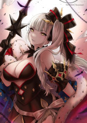 Rule 34 | 1girl, bare shoulders, black dress, black gloves, breasts, chain, cleavage, cloak, detached collar, dress, fate/grand order, fate (series), fur-trimmed cloak, fur trim, gloves, grin, hair ornament, half gloves, highres, large breasts, long hair, looking at viewer, marie antoinette (alter) (fate), marie antoinette (alter) (third ascension) (fate), marie antoinette (fate), off shoulder, red cloak, ryuuneart, side ponytail, smile, solo, very long hair, weapon, white hair, yellow eyes