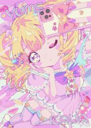 Rule 34 | 1girl, absurdres, blonde hair, bow, character name, curly hair, dress, highres, holding, holding phone, idol land pripara, idol time pripara, magical girl, milon cas, one eye closed, pastel colors, phone, pink dress, pink thighhighs, pop (smile precure!), pretty series, pripara, purple bow, purple eyes, retro artstyle, selfie, solo, thighhighs, twintails, yumekawa yui