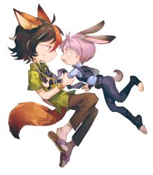 Rule 34 | 2girls, ahoge, alternate costume, animal ears, belt, black hair, blue necktie, blue shirt, blush, brown pants, collared shirt, commentary request, cosplay, fox ears, fox tail, full body, green shirt, highres, holding another&#039;s arm, judy hopps, judy hopps (cosplay), kabocha1408, kijin seija, looking at another, multicolored hair, multiple girls, necktie, nick wilde, nick wilde (cosplay), open mouth, pants, police, police uniform, policewoman, print shirt, purple eyes, purple hair, rabbit ears, rabbit tail, red eyes, red hair, sandals, shirt, short hair, short sleeves, simple background, smile, streaked hair, striped necktie, sukuna shinmyoumaru, sweatdrop, tail, touhou, uniform, utility belt, vest, white background, zootopia