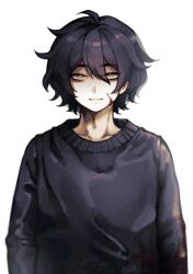 Rule 34 | 1boy, absurdres, andrew graves (the coffin of andy and leyley), black hair, black sweater, blood, blood on face, empty eyes, grey eyes, highres, ko jira, looking at viewer, male focus, sweater, the coffin of andy and leyley, white background