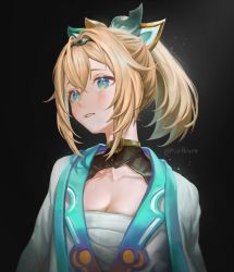 Rule 34 | 1girl, absurdres, alternate breast size, artofkuzu, blonde hair, blush, breasts, cleavage, commentary, green eyes, green robe, head tilt, highres, hololive, holox, kazama iroha, looking to the side, medium breasts, medium hair, nose, parted lips, ponytail, portrait, robe, sarashi, solo, twitter username, virtual youtuber