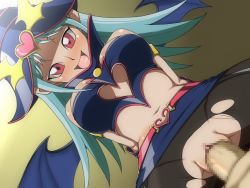 Rule 34 | 1boy, 1girl, aqua hair, bat wings, belt, black pantyhose, blush, breasts, censored, chocolate magician girl, clothing cutout, cowgirl position, drooling, duel monster, dutch angle, fang, hat, heart, heart cutout, hetero, large breasts, long hair, looking at viewer, midriff, miniskirt, mosaic censoring, open mouth, pantyhose, penis, pussy, red eyes, sex, skirt, smile, solo focus, straddling, torn clothes, torn legwear, underboob, vaginal, wings, wizard hat, yamiochi umekichi, yu-gi-oh!