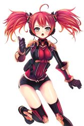 Rule 34 | 1girl, black gloves, bodysuit, boots, breasts, gloves, gluteal fold, grey eyes, hair ornament, high heel boots, high heels, highres, iggy (soccer spirits), looking at viewer, medium breasts, official art, open mouth, pointing, pointing at viewer, reason (ficafe), red hair, resized, soccer spirits, transparent background, twintails, upscaled