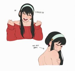 Rule 34 | 1girl, bare back, bare shoulders, black hair, clenched hands, closed eyes, closed mouth, commentary, english commentary, english text, hairband, highres, long bangs, long hair, long sleeves, neck, off-shoulder sweater, off shoulder, open mouth, red sleeves, red sweater, riz, simple background, solo, spy x family, sweater, teeth, upper body, upper teeth only, white background, white hairband, yor briar