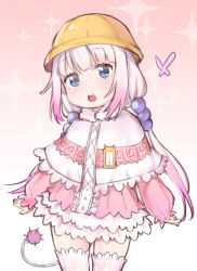 Rule 34 | 10s, 1girl, arms at sides, beads, blue eyes, bow, capelet, center frills, cowboy shot, dragon girl, dress, flat chest, frills, fur trim, gradient hair, hair beads, hair bow, hair ornament, hat, highres, kanna kamui, kobayashi-san chi no maidragon, long sleeves, looking at viewer, low twintails, microdress, multicolored hair, name tag, open mouth, school hat, solo, sparkle, sunege (hp0715), tail, thighhighs, twintails, white hair, white thighhighs, yellow hat