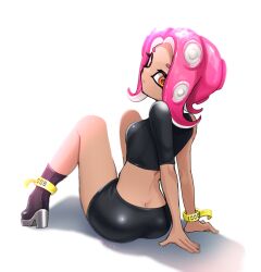 Rule 34 | 1girl, agent 8 (splatoon), ass, black skirt, breasts, closed mouth, commentary request, crop top, from behind, full body, high heels, highres, looking back, medium hair, nintendo, norishiitsu, octoling, pencil skirt, pink hair, simple background, sitting, skirt, solo, splatoon (series), tentacle hair, white background, yellow bracelet, yellow eyes