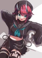 Rule 34 | 1girl, beret, black hair, black hat, black serafuku, black skirt, black thighhighs, blue eyes, blue nails, blue neckerchief, blush, breasts, chain, closed mouth, commentary request, cowboy shot, crop top, demon girl, demon horns, demon tail, hair ornament, hat, highres, horns, large breasts, long sleeves, looking at viewer, multicolored hair, nail polish, nanashi inc., neckerchief, official alternate costume, piercing, pleated skirt, red hair, ryugasaki rene, ryugasaki rene (3rd costume), school uniform, serafuku, short hair, skirt, sleeves past wrists, smile, solo, spiked thighlet, sugar lyric, tail, thighhighs, tongue, tongue out, tongue piercing, two-tone hair, virtual youtuber, x hair ornament, zono (inokura syuzo029)