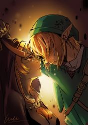 Rule 34 | 1boy, 1girl, against wall, blonde hair, blush, breasts, buckle, circlet, cleavage, couple, crying, crying with eyes open, earrings, forehead-to-forehead, hair over eyes, hat, heads together, height difference, hetero, highres, hood, jewelry, large breasts, link, long hair, midna, midna (true), nintendo, orange hair, pointy ears, red eyes, ruru (lulubuu), shaded face, short hair, signature, tears, the legend of zelda, the legend of zelda: twilight princess, tunic