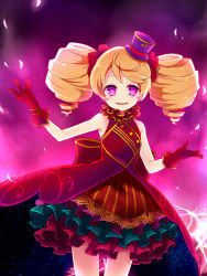 Rule 34 | 1girl, blonde hair, bow, cowboy shot, dress, drill hair, frills, gloves, gradient background, hair bow, hat, layered skirt, luciko (otoca d&#039;or), luciko (otoca doll), otoca d&#039;or, purple background, purple eyes, purple hat, red bow, red dress, red gloves, ruff, short hair, skirt, smile, solo, striped clothes, striped skirt, top hat, toro (shiro), twin drills, vertical-striped clothes, vertical-striped skirt