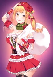 Rule 34 | 1girl, :d, absurdres, bang dream!, bare shoulders, bell, beret, black thighhighs, blonde hair, blush, breasts, christmas, cleavage, commentary request, corset, cowboy shot, dress, flower, frilled dress, frills, gradient background, green neckwear, hair ornament, hand on own head, hat, hat flower, highres, ichigaya arisa, large breasts, long hair, looking at viewer, nishinomiya suzu, open mouth, orange eyes, partial commentary, purple background, red dress, red hat, sack, santa dress, sidelocks, sleeveless, sleeveless dress, smile, solo, standing, strapless, strapless dress, swept bangs, thighhighs, twintails, underbust, wrist cuffs, zettai ryouiki