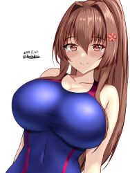 Rule 34 | 1girl, blue one-piece swimsuit, blush, breasts, brown eyes, brown hair, cherry blossoms, cleavage, collarbone, competition swimsuit, covered navel, dated, dutch angle, flower, hair between eyes, hair flower, hair ornament, highres, kantai collection, large breasts, long hair, looking at viewer, montemasa, one-piece swimsuit, ponytail, smile, solo, swimsuit, twitter username, upper body, very long hair, white background, yamato (kancolle), yamato kai ni (kancolle)