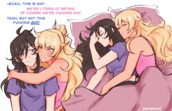 Rule 34 | 2girls, artist name, aurora (aurawra21), blonde hair, blue eyes, brown eyes, brown hair, camisole, class of 09, closed eyes, closed mouth, commentary, cuddling, drooling, ear piercing, english commentary, english text, highres, jecka (class of 09), long hair, multiple girls, nicole (class of 09), on bed, parted lips, piercing, pillow, pink camisole, ponytail, purple shirt, shirt, short sleeves, sleeping, under covers, yuri