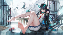 Rule 34 | 1girl, arknights, ass, bare shoulders, barefoot, black hair, breasts, bukui shi wo, calligraphy brush, colored skin, dusk (arknights), foot focus, foreshortening, hair over one eye, highres, horns, jacket, long hair, looking at viewer, multicolored skin, paintbrush, red eyes, sitting, solo, very long hair