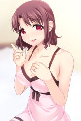 Rule 34 | 1girl, blush, breast suppress, breasts, brown hair, chemise, cleavage, covered erect nipples, highres, jewelry, large breasts, original, red eyes, ring, short hair, smile, solo, totokichi, wedding band