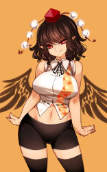 Rule 34 | 1girl, arms at sides, bare shoulders, bike shorts, bird wings, black hair, black ribbon, black thighhighs, black wings, breasts, commentary, contrapposto, cowboy shot, eyelashes, hat, highres, large breasts, looking at viewer, midriff, navel, orange background, pointy ears, pom pom (clothes), raptor7, red eyes, red hat, ribbon, shameimaru aya, shirt, short hair, simple background, sleeveless, sleeveless shirt, smile, solo, thighhighs, tokin hat, touhou, wavy hair, wings