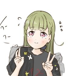 Rule 34 | 1girl, black bow, black shirt, bow, braid, center-flap bangs, commentary, double v, flying sweatdrops, green hair, hair bow, kachimachi kosuzu, link! like! love live!, long hair, looking to the side, love live!, pink eyes, shirt, short sleeves, side ahoge, side braids, simple background, solo, straight hair, striped bow, symbol-only commentary, tazaki masanobu, translation request, upper body, v, virtual youtuber, white background
