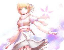 Rule 34 | 1girl, arm warmers, bad id, bad pixiv id, black skirt, blonde hair, female focus, gradient background, green eyes, hair ribbon, kokotetsu, lace, lace-trimmed skirt, lace trim, miniskirt, mizuhashi parsee, open mouth, pointy ears, ribbon, sash, scarf, shirt, short hair, skirt, solo, touhou, white background