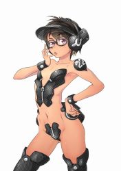 Rule 34 | 1girl, 22, :o, armpits, bad id, bad pixiv id, black hair, black thighhighs, collarbone, crotch plate, face, fujisawa takashi, glasses, groin, hand on own hip, hand to own mouth, headphones, hip focus, looking at viewer, navel, purple eyes, revealing clothes, short hair, simple background, solo, thighhighs, visor, visor cap, zipper