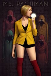 Rule 34 | 2girls, 3boys, astor alexander, black shorts, blazer, blinky, blinky (pac-man), blonde hair, breasts, character name, cleavage, closed eyes, clyde, clyde (pac-man), contrapposto, feet out of frame, ghost, glowing, glowing eyes, highres, hood, hood up, inky, inky (pac-man), jacket, kneehighs, labyrinth (film), maze, medium breasts, ms. pac-man, multiple boys, multiple girls, namco, open mouth, orb, pac-man, pac-man (game), personification, pinky (pacman), realistic, red legwear, robe, short hair, short shorts, shorts, socks, sparkling eyes, standing, sue (pac-man), thighhighs, yellow blazer