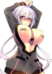Rule 34 | 1girl, ahoge, arms up, bandaid, bandaids on nipples, between breasts, blush, breasts, commentary request, hair between eyes, kouji (kari), large breasts, long hair, looking at viewer, lydian academy school uniform, necktie, necktie between breasts, open clothes, open mouth, open shirt, pasties, purple eyes, purple hair, red necktie, school uniform, senki zesshou symphogear, shirt, simple background, solo, very long hair, white background, yukine chris