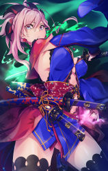 Rule 34 | 1girl, black thighhighs, blue eyes, breasts, cleavage, detached sleeves, fate/grand order, fate (series), hair ornament, highres, holding, holding sword, holding weapon, japanese clothes, katana, large breasts, long hair, long sleeves, looking at viewer, miyamoto musashi (fate), miyamoto musashi (third ascension) (fate), navel, parted lips, pink hair, sajittari, sash, sheath, sidelocks, sleeveless, solo, sword, thighhighs, weapon