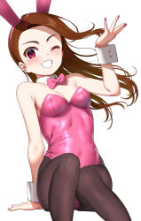 Rule 34 | 1girl, ;d, alternate costume, animal ear hairband, animal ears, black pantyhose, blush, breasts, brown hair, fake animal ears, feet out of frame, fingernails, floating hair, grin, hairband, highres, idolmaster, idolmaster (classic), idolmaster million live!, invisible chair, leotard, long hair, looking at viewer, minase iori, nail polish, one eye closed, open mouth, pantyhose, pettan p, pink leotard, playboy bunny, rabbit ear hairband, rabbit ears, sitting, small breasts, smile, solo, strapless, strapless leotard, wrist cuffs