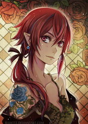 Rule 34 | 1girl, artist name, bare shoulders, blue rose, blush, breasts, cleavage, closed mouth, collarbone, earrings, flower, head tilt, jewelry, long hair, original, pink eyes, pointy ears, ponytail, radittz, red hair, rose, small breasts, solo, tank top, tattoo, upper body, watermark, web address