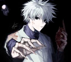 Rule 34 | 1boy, absurdres, black background, blood, blood on clothes, blood on face, blood on hands, child, heart, heart (organ), highres, holding, holding heart, hunter x hunter, killua zoldyck, layered sleeves, long sleeves, looking at viewer, male focus, shirt, short hair, short over long sleeves, short sleeves, signature, solo, upper body, white hair, white shirt, yuki flourish