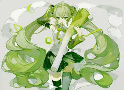Rule 34 | 1girl, absurdres, artist name, detached sleeves, food, green eyes, green hair, green ribbon, green skirt, green theme, green thighhighs, hair tie, hatsune miku, highres, holding, holding food, holding vegetable, kikihuihui, long hair, long sleeves, miniskirt, monochrome, neck ribbon, oversized food, oversized object, pleated skirt, ribbon, sidelocks, skirt, solo, spring onion, thighhighs, twintails, vegetable, very long hair, vocaloid, zettai ryouiki