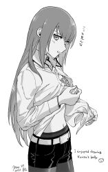 Rule 34 | 1girl, belt, blush, bra, bra peek, breasts, clothes lift, collared shirt, commentary, cowboy shot, dated, english text, from side, greyscale, highres, lace, lace-trimmed bra, lace trim, lifting own clothes, long hair, long sleeves, looking at viewer, makise kurisu, monochrome, navel, pantyhose, pantyhose under shorts, parted lips, partially unbuttoned, rocni, shirt, shirt lift, shirt partially tucked in, short shorts, shorts, signature, simple background, small breasts, solo, standing, steins;gate, stomach, straight hair, translated, underwear, white background, wing collar