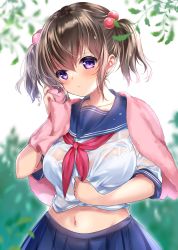 Rule 34 | 1girl, blue sailor collar, blue skirt, bra, bra visible through clothes, breasts, brown hair, bush, closed mouth, clothes lift, collarbone, drying, frown, hair ornament, highres, large breasts, leaf, lifted by self, midriff, motohara moka, navel, original, pink towel, pleated skirt, purple eyes, sailor collar, sailor shirt, school uniform, shirt, shirt lift, short twintails, sidelocks, skirt, solo, standing, towel, towel around neck, twintails, underwear, wet, wet clothes, white bra, white shirt