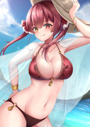 Rule 34 | 1girl, :q, bikini, blush, bracelet, breasts, cleavage, closed mouth, collarbone, hair ornament, hair ribbon, halterneck, hand on headwear, hat, heterochromia, highres, hololive, houshou marine, jewelry, large breasts, looking at viewer, miyagi ratona, navel, o-ring, o-ring bikini, outdoors, red bikini, red eyes, red hair, red ribbon, ribbon, see-through, smile, solo, swimsuit, tongue, tongue out, twintails, virtual youtuber, water, yellow eyes