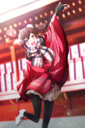 Rule 34 | 1girl, architecture, arm up, black gloves, black pantyhose, blurry, blurry background, breath, brown eyes, brown hair, check commentary, commentary, commentary request, dice gt, east asian architecture, fingerless gloves, gloves, hair ornament, hairclip, highres, idolmaster, idolmaster million live!, kasuga mirai, leggings, lens flare, miniskirt, open mouth, pantyhose, plaid, plaid scarf, pleated skirt, red shawl, scarf, scrunchie, shawl, short ponytail, side ponytail, skirt, solo, standing, standing on one leg, waving, white footwear