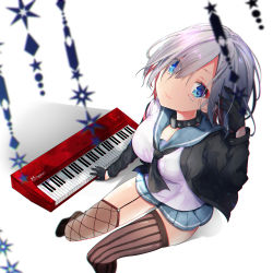 Rule 34 | 1girl, asymmetrical legwear, black gloves, black jacket, blue eyes, breasts, closed mouth, collar, commentary request, fishnet thighhighs, fishnets, from above, garter straps, gloves, hair over one eye, hamakaze (kancolle), instrument, jacket, kantai collection, keyboard (instrument), long sleeves, looking at viewer, looking up, medium breasts, natsuki (ukiwakudasai), neckerchief, open clothes, open jacket, revision, school uniform, serafuku, short hair, silver hair, sitting, smile, solo, striped clothes, striped thighhighs, studded collar, thighhighs, uneven legwear, vertical-striped clothes, vertical-striped thighhighs