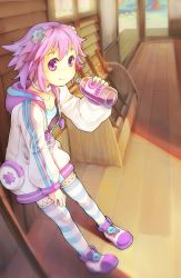 Rule 34 | 10s, 1girl, bottle, d-pad, drinking, female focus, hair ornament, hood, hoodie, leaning, looking at viewer, neptune (neptunia), neptune (series), purple eyes, purple hair, segamark, solo, striped clothes, striped thighhighs, thighhighs