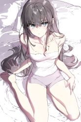 Rule 34 | 1girl, absurdres, arm support, bare legs, bare shoulders, barefoot, blouse, blue eyes, blush, breasts, brown hair, camisole, cleavage, closed mouth, collarbone, dolphin shorts, from above, hair between eyes, highres, light frown, long hair, looking at viewer, narrow waist, on bed, original, purple shorts, shirt, short shorts, shorts, sidelocks, sitting, sketch, small breasts, solo, strap slip, thighs, tsurime, upturned eyes, very long hair, wata (attaka towel), white shirt, yokozuwari