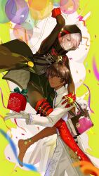 Rule 34 | 2boys, arjuna (fate), bag, balloon, black eyes, black hair, blue eyes, boots, brothers, character doll, christmas present, commentary, confetti, dark-skinned male, dark skin, expressionless, fate/grand order, fate (series), gift, gloves, hair between eyes, highres, holding, holding bag, hood, hooded coat, indian clothes, karna (fate), karna (santa) (fate), light smile, male focus, multiple boys, pale skin, red gloves, short hair, siblings, sidelocks, symbol-only commentary, thigh boots, tokaoioi1, white gloves, white hair, yellow background